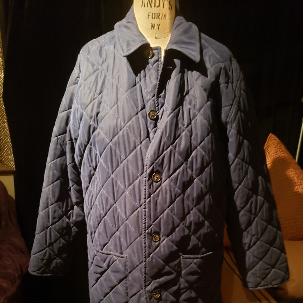 Vintage Hermes peacock navy blue quilted 100% wool detachable lining L